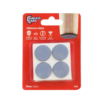 Surface Gard 25mm Round Self Adhesive Sliders, 20 Pack, PTFE, Grey, Easy Install
