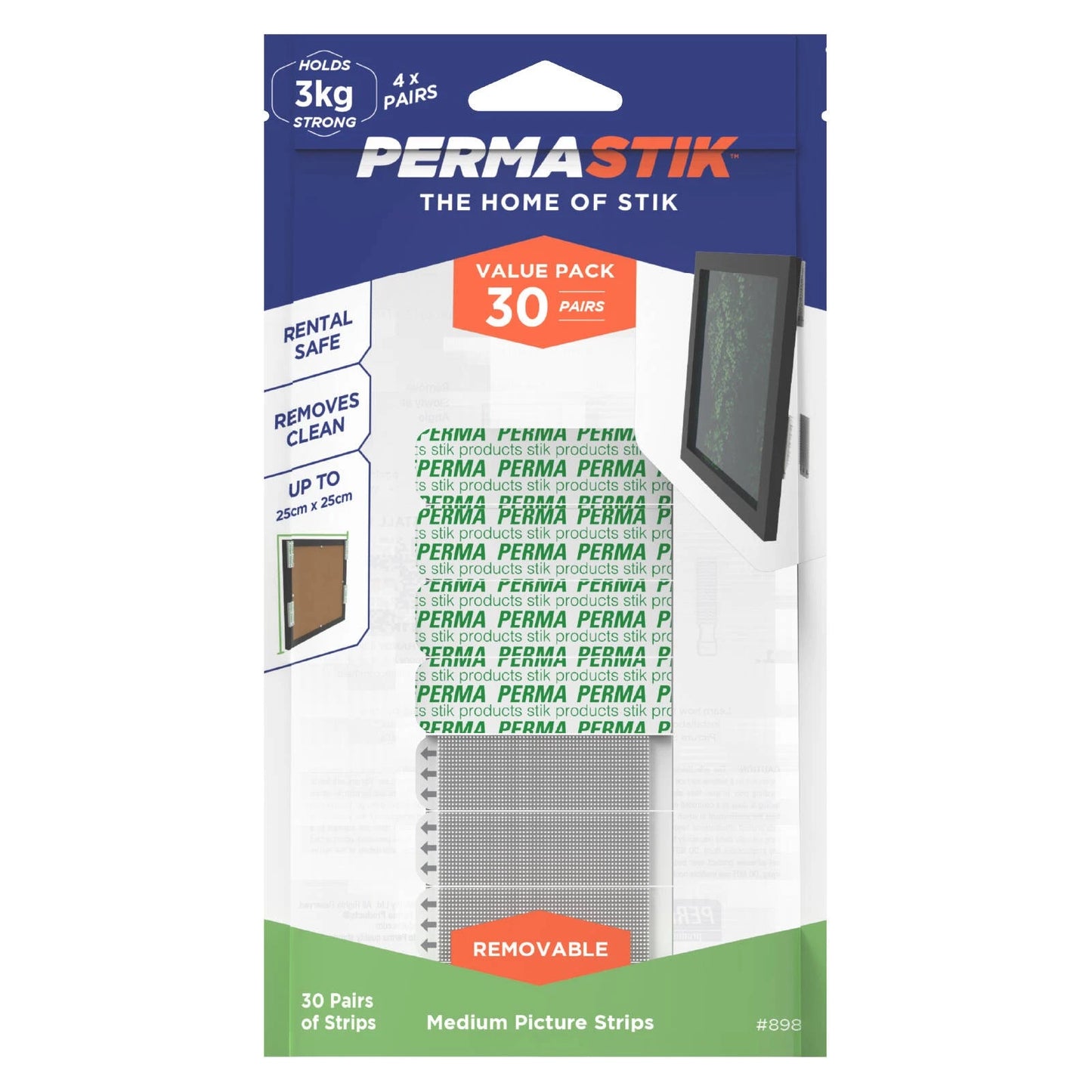 Permastik Medium Picture Strips 30 Pairs - Holds 3kg, No Drilling, Easy Removal