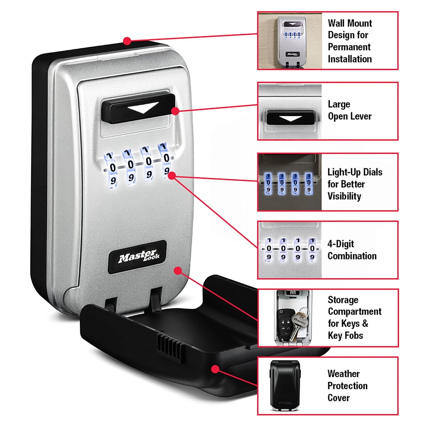 Master Lock Light Up Wall Mounted Key Safe with Combination Dials, Weather-Resistant