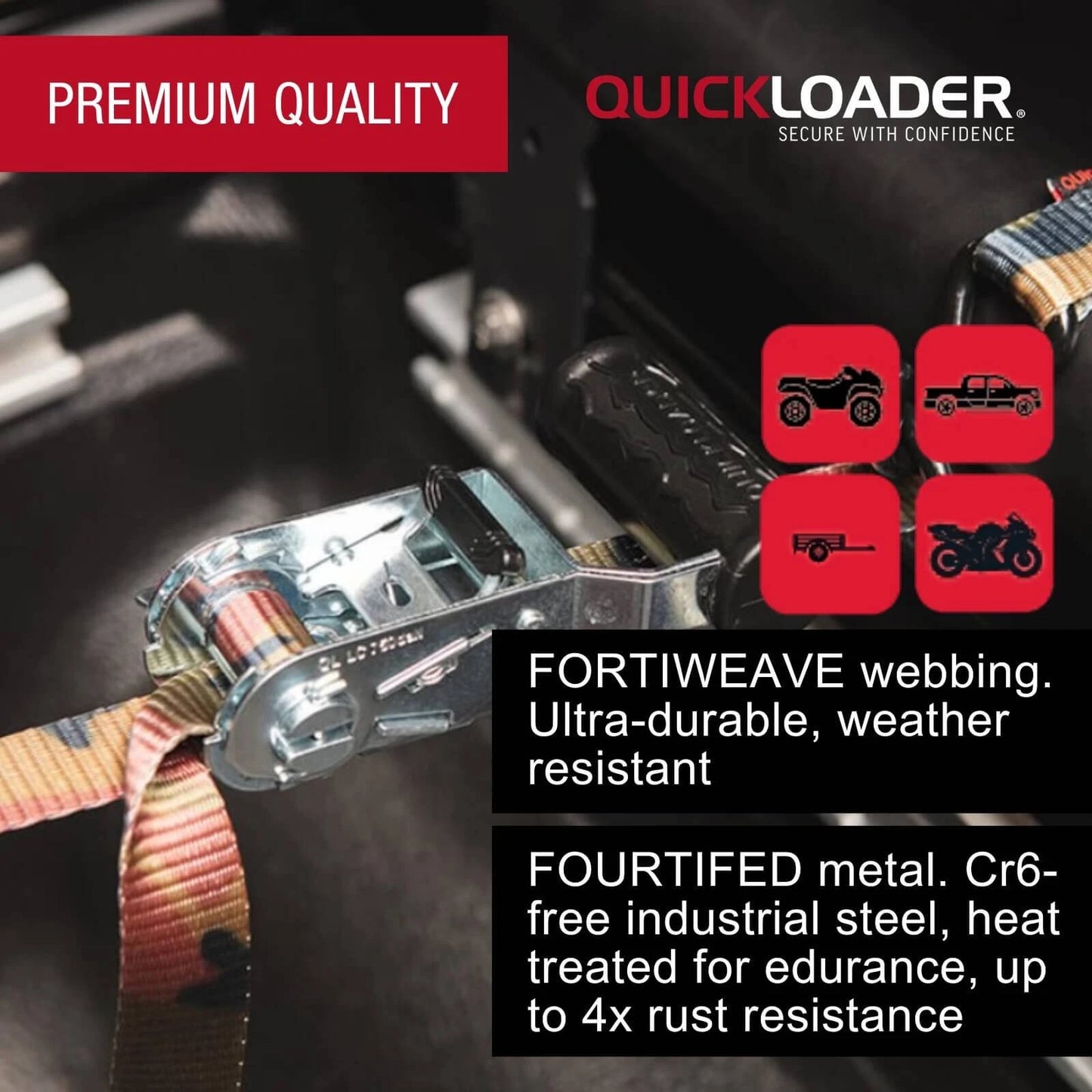 Quickloader Rebel Ratchet Strap 25mm x 4m 400kg Lashing Capacity 2 Pack - Durable & Visible