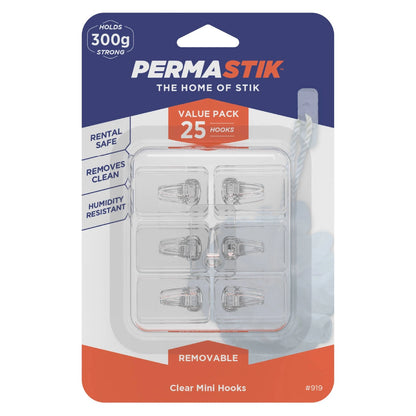 Permastik Clear Mini Clips 25 Pack, Damage-Free, Holds 300g, Indoor Use