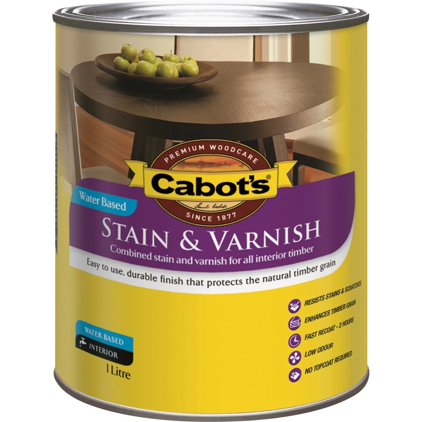 Cabot's 1L Water-Based Gloss Stain & Varnish, Scratch & UV Resistant, Fast Recoat