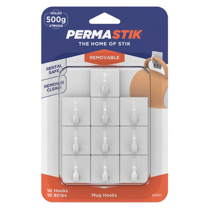 Permastik Mug Hooks 10 Pack - No Drilling, Strong Hold, Removable Adhesive