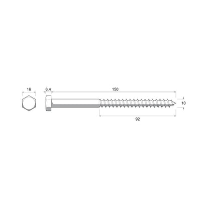 ZENITH M10 x 150mm Stainless Steel 304 Hex Head Coach Screws, Corrosion Resistant
