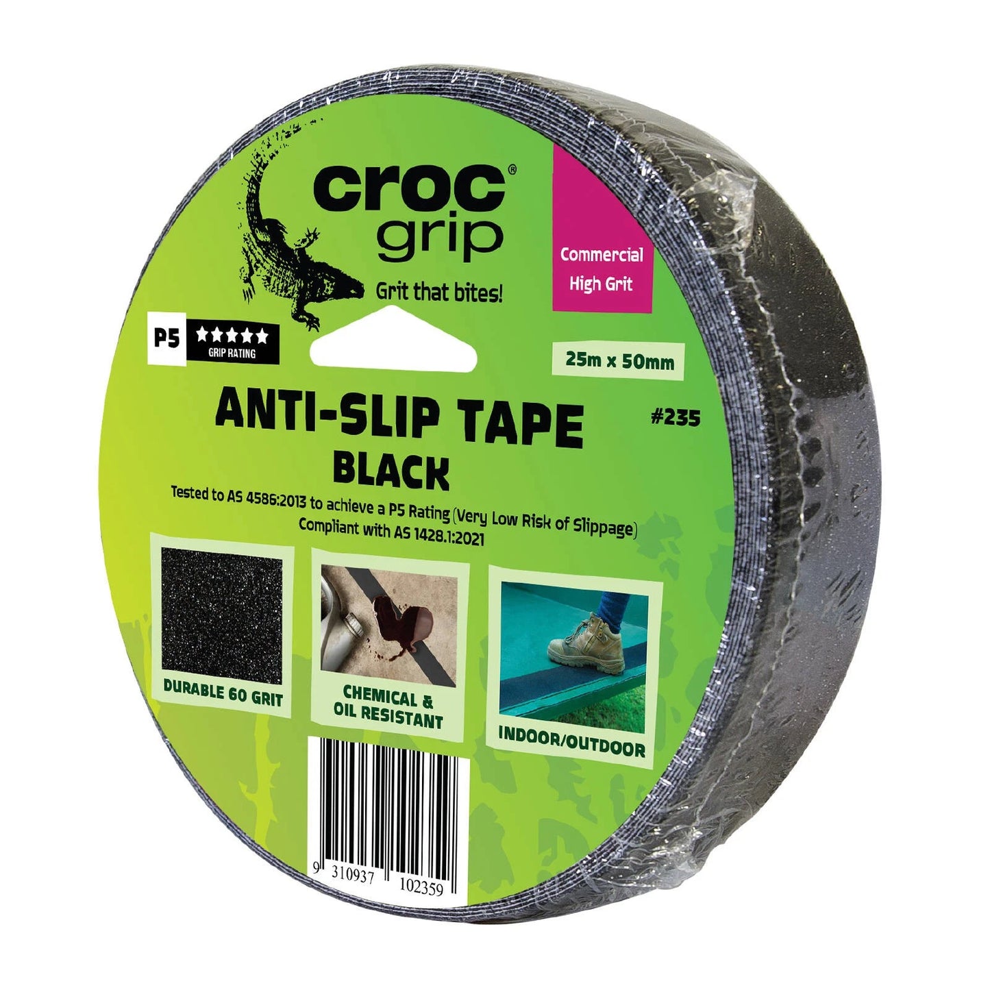 Croc Grip Black Anti-Slip Tape 25m x 50mm, P5 Rated, Indoor/Outdoor, Chemical & Water Resistant
