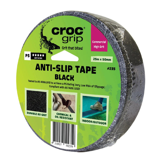 Croc Grip Black Anti-Slip Tape 25m x 50mm, P5 Rated, Indoor/Outdoor, Chemical & Water Resistant