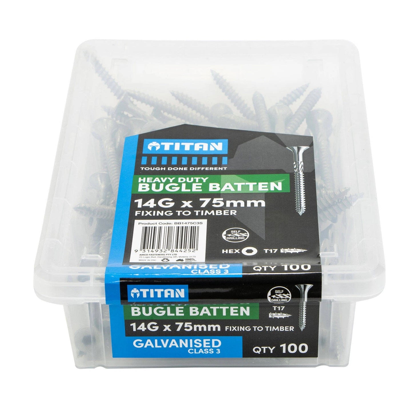 Titan 14G x 75mm Galvanised Bugle Batten Screws - 100 Pack, High-Torque, Corrosion Resistant