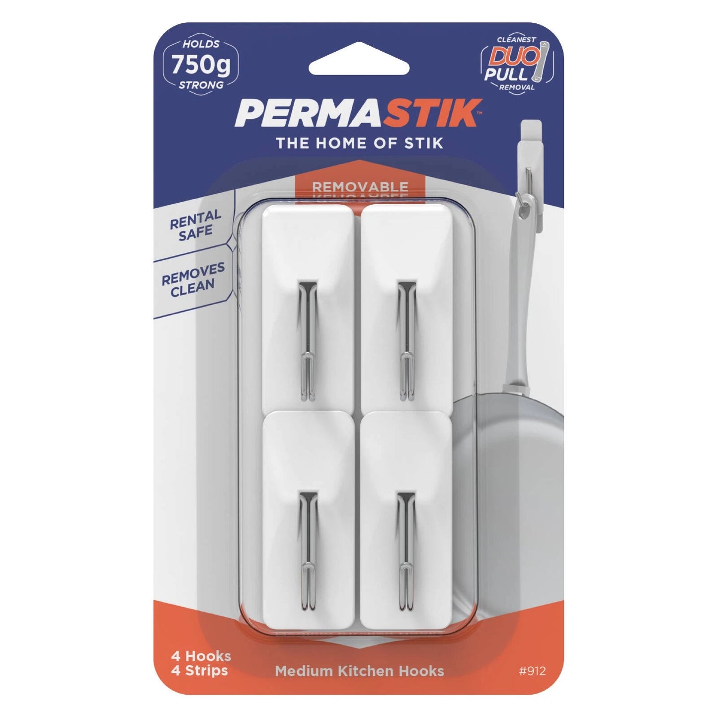 Permastik Medium White Kitchen Hooks 4 Pack - Strong Hold, No Tools Needed, Clean Removal