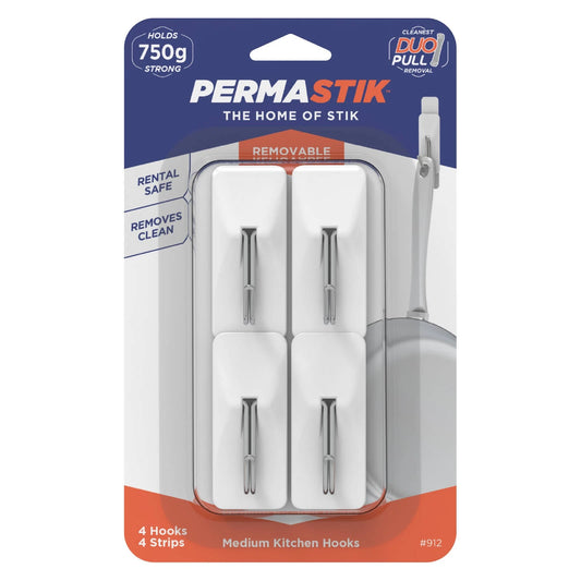 Permastik Medium White Kitchen Hooks 4 Pack - Strong Hold, No Tools Needed, Clean Removal