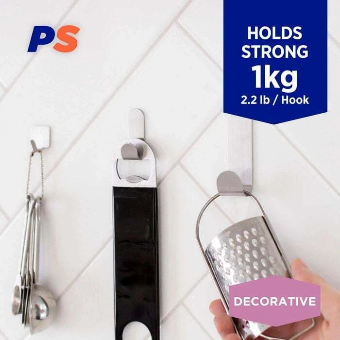 Permastik Medium Steel Metal Hooks - Stainless Steel, No Drilling, Holds Up to 1kg, 3 Pack