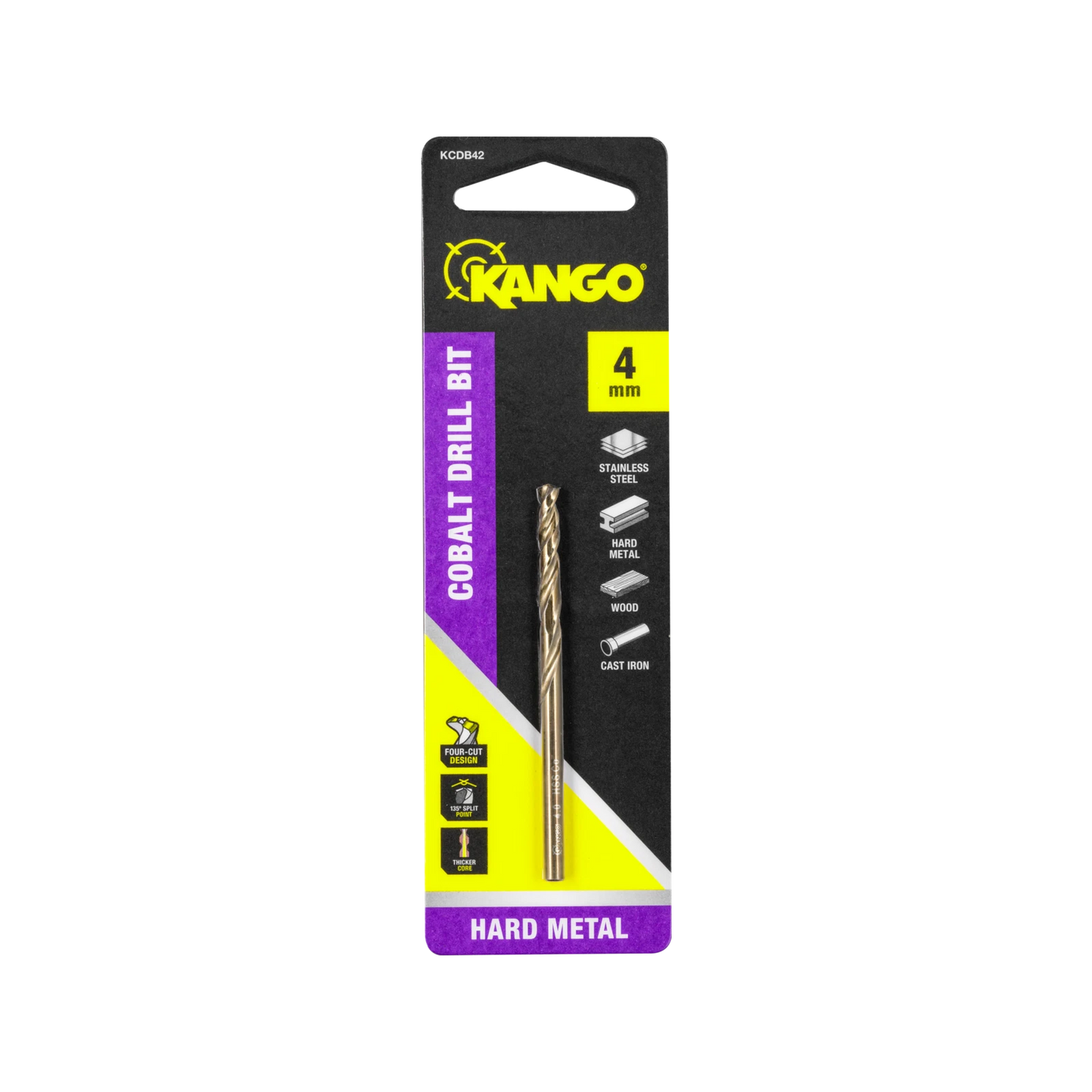 Kango 4mm Cobalt Drill Bit, 135° Split Point, M35 Cobalt Blend, Four-Cut Design