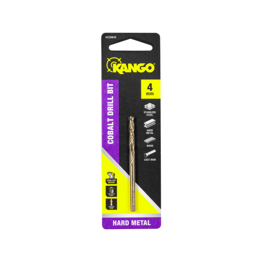 Kango 4mm Cobalt Drill Bit, 135° Split Point, M35 Cobalt Blend, Four-Cut Design