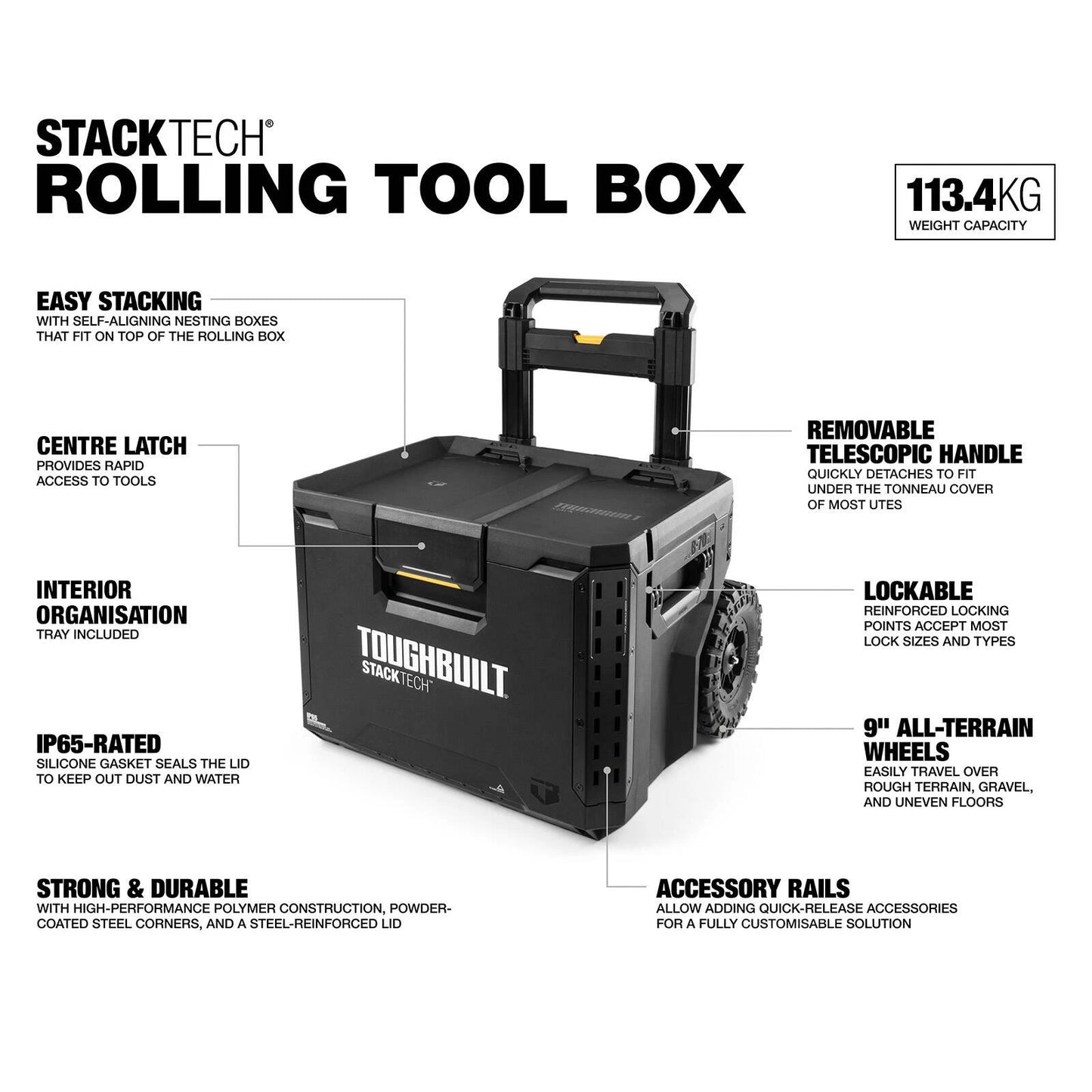 ToughBuilt StackTech Rolling Tool Box, All-Terrain Wheels, IP65 Water Resistant