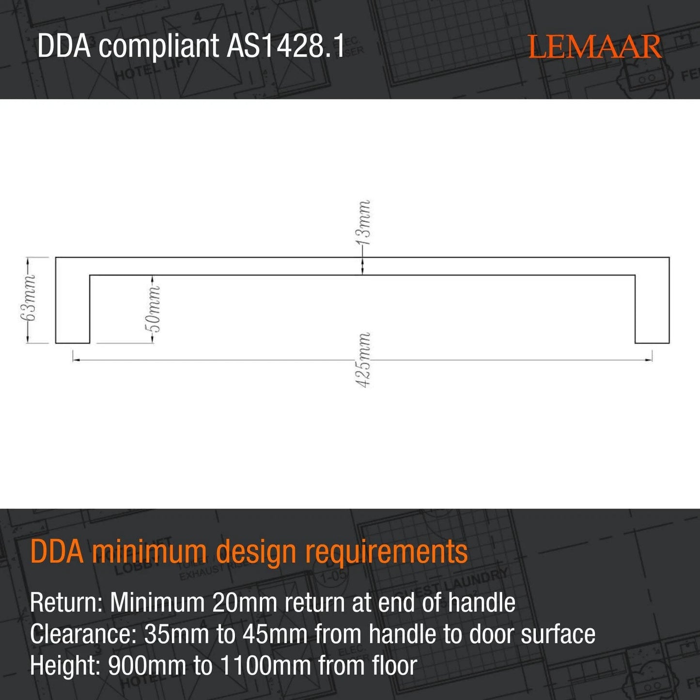 Lemaar Black DDA Compliant Door Pull 450mm x 25mm, 316 Stainless Steel, Electroplated Finish
