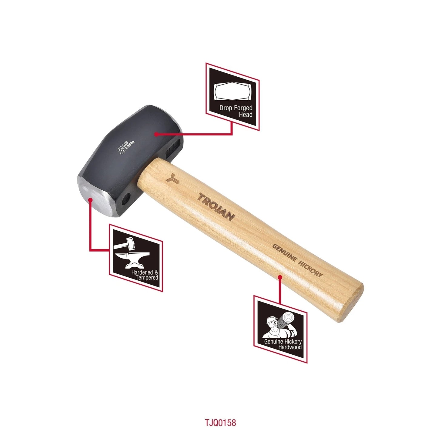 Trojan 1.3kg Timber Club Hammer, Induction Hardened Head, Hickory Handle, Lifetime Warranty