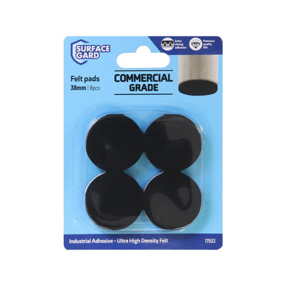 Surface Gard 38mm Black Round Felt Pads - 8 Pack, Noise Reduction, Self-Adhesive, Durable