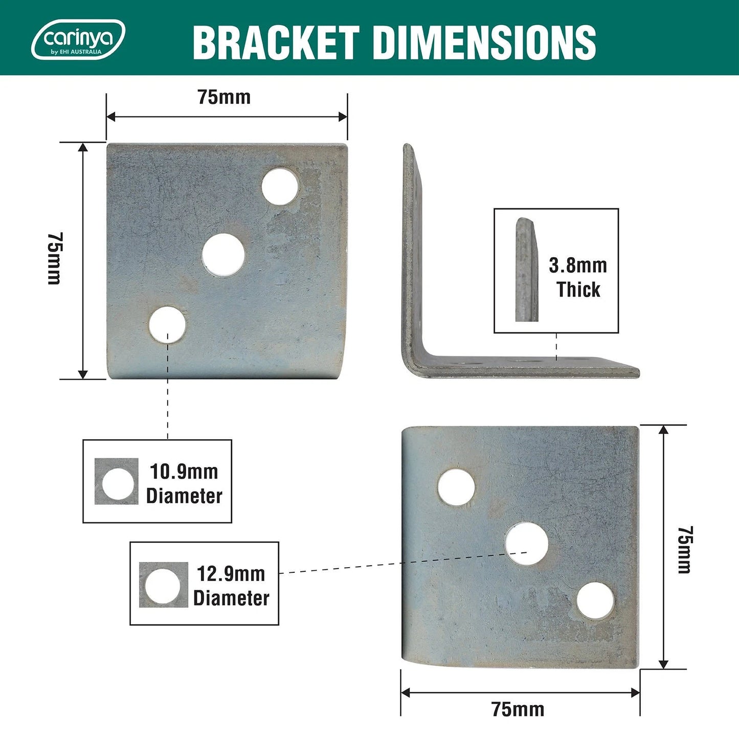 Carinya Zinc Plated Reinforcing Angle Bracket 75x75x75x4mm, Indoor/Outdoor Use