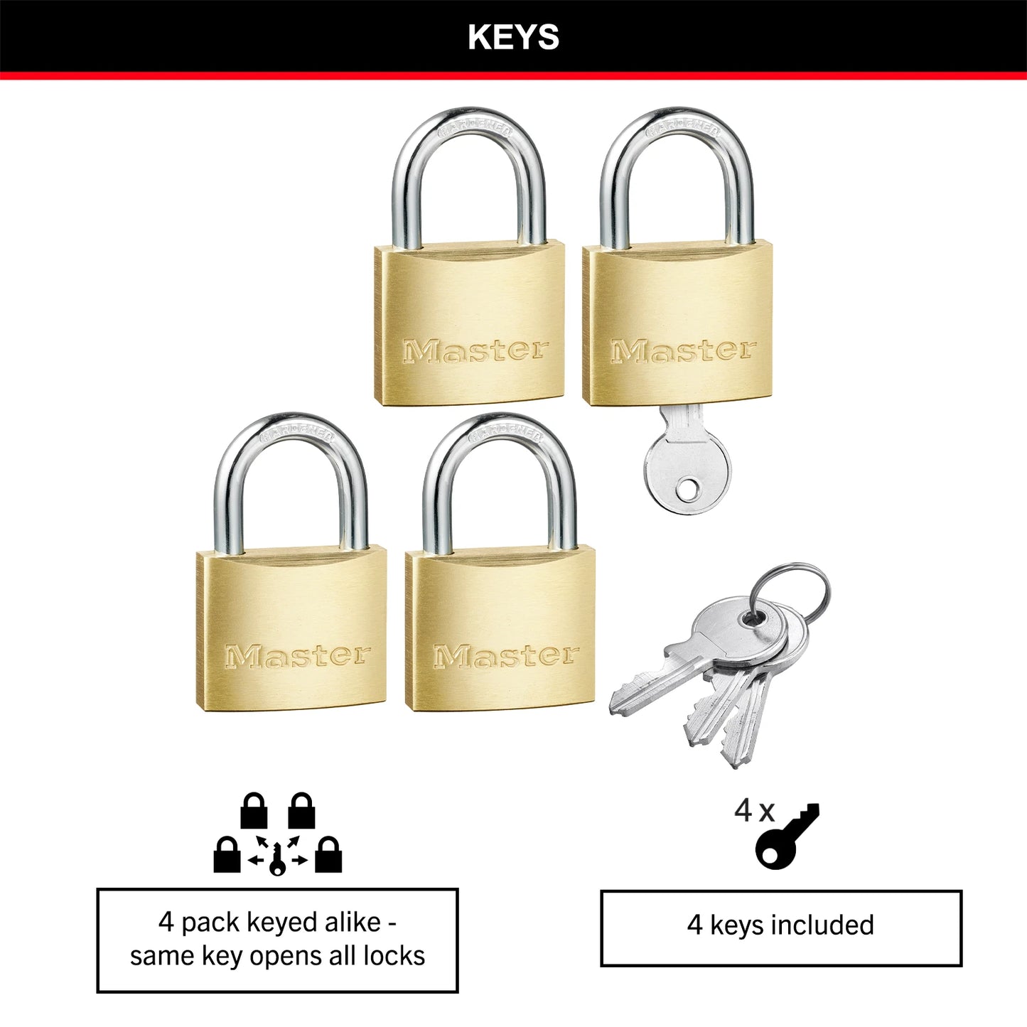 Master Lock 40mm Brass Keyed Padlock 4 Pack - Corrosion Resistant, Hardened Steel Shackle