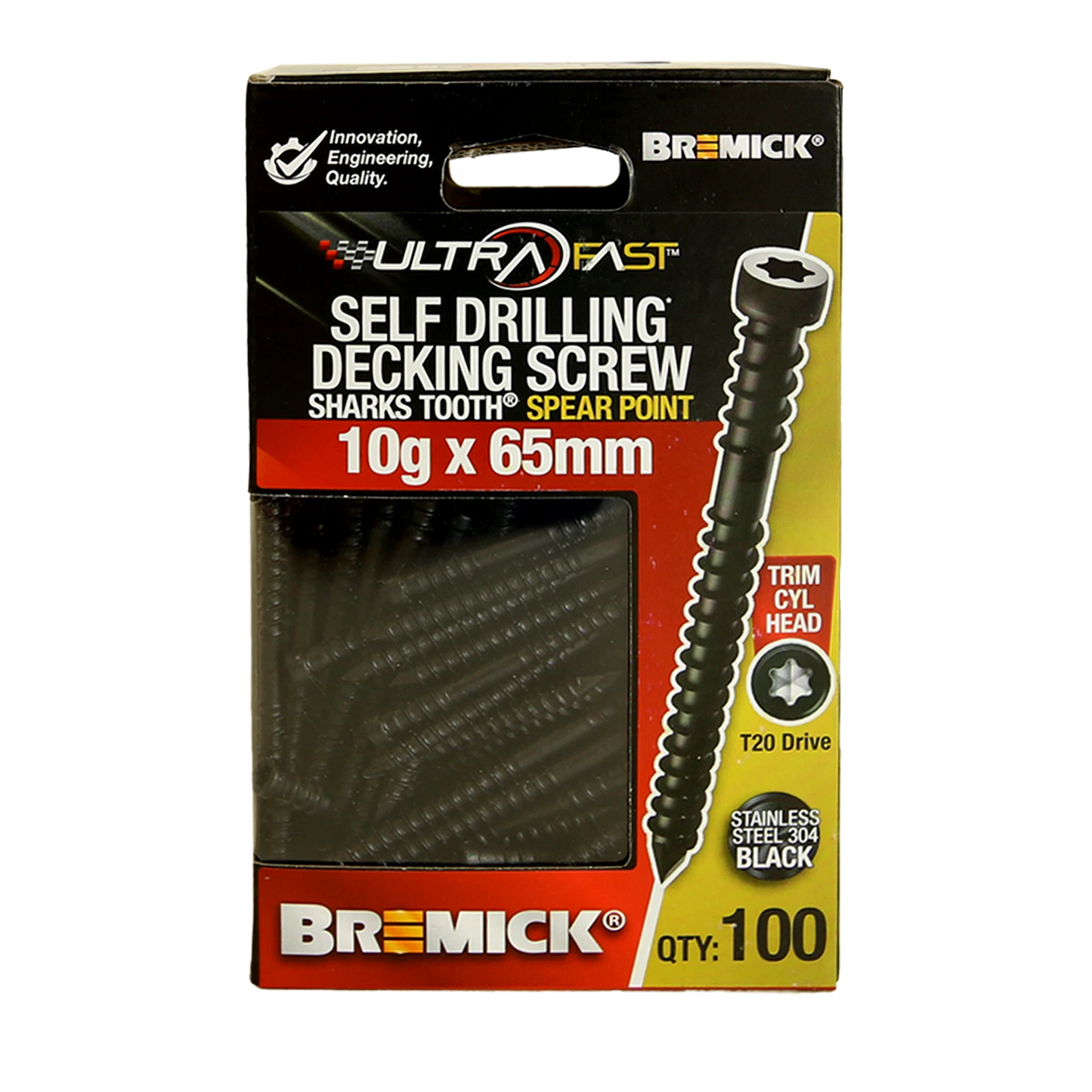 Bremick Ultrafast Stainless Steel Black T20 Trim Head Decking Screws 10g x 65mm - 100 Pack