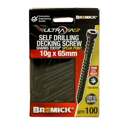 Bremick Ultrafast Stainless Steel Black T20 Trim Head Decking Screws 10g x 65mm - 100 Pack