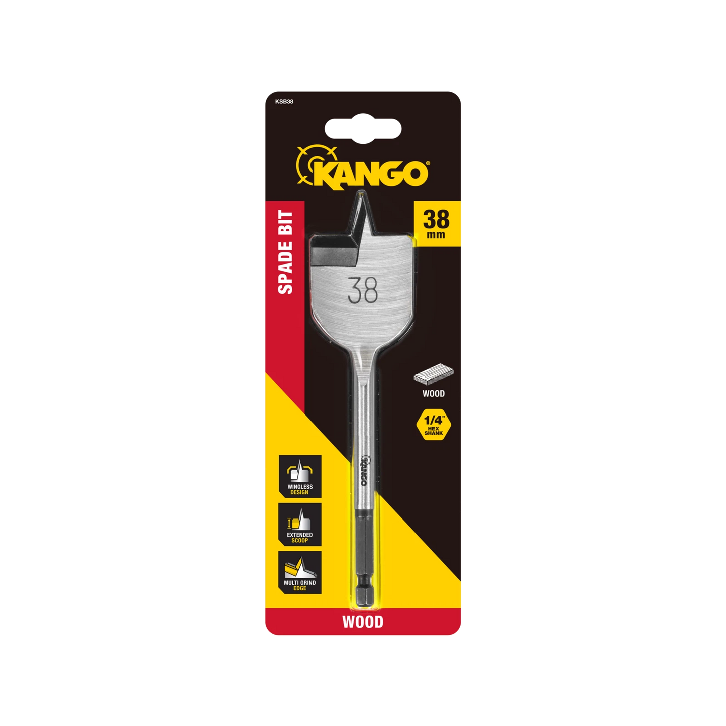 Kango 38mm Spade Bit, Wingless Design, ¼” Hex Shank, Multi Grind Edge