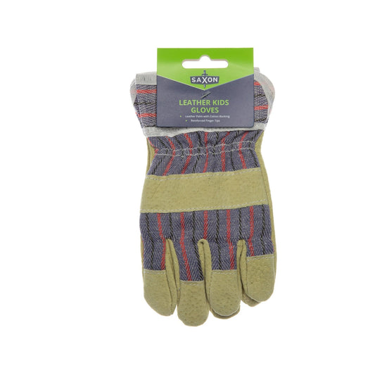Saxon Kids Leather Garden Gloves - Durable Leather Palm, Cotton Backing, Reinforced Tips