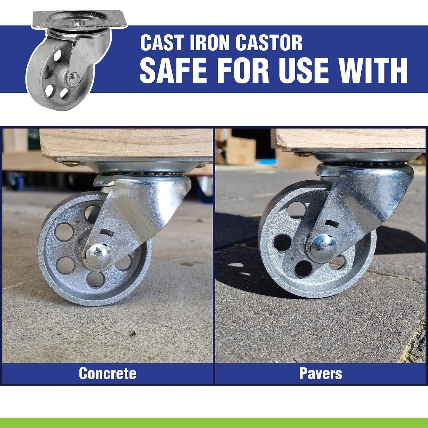 Easyroll 75mm Cast Iron Swivel Plate Castor, 115kg Load, Indoor Use, 360° Rotation