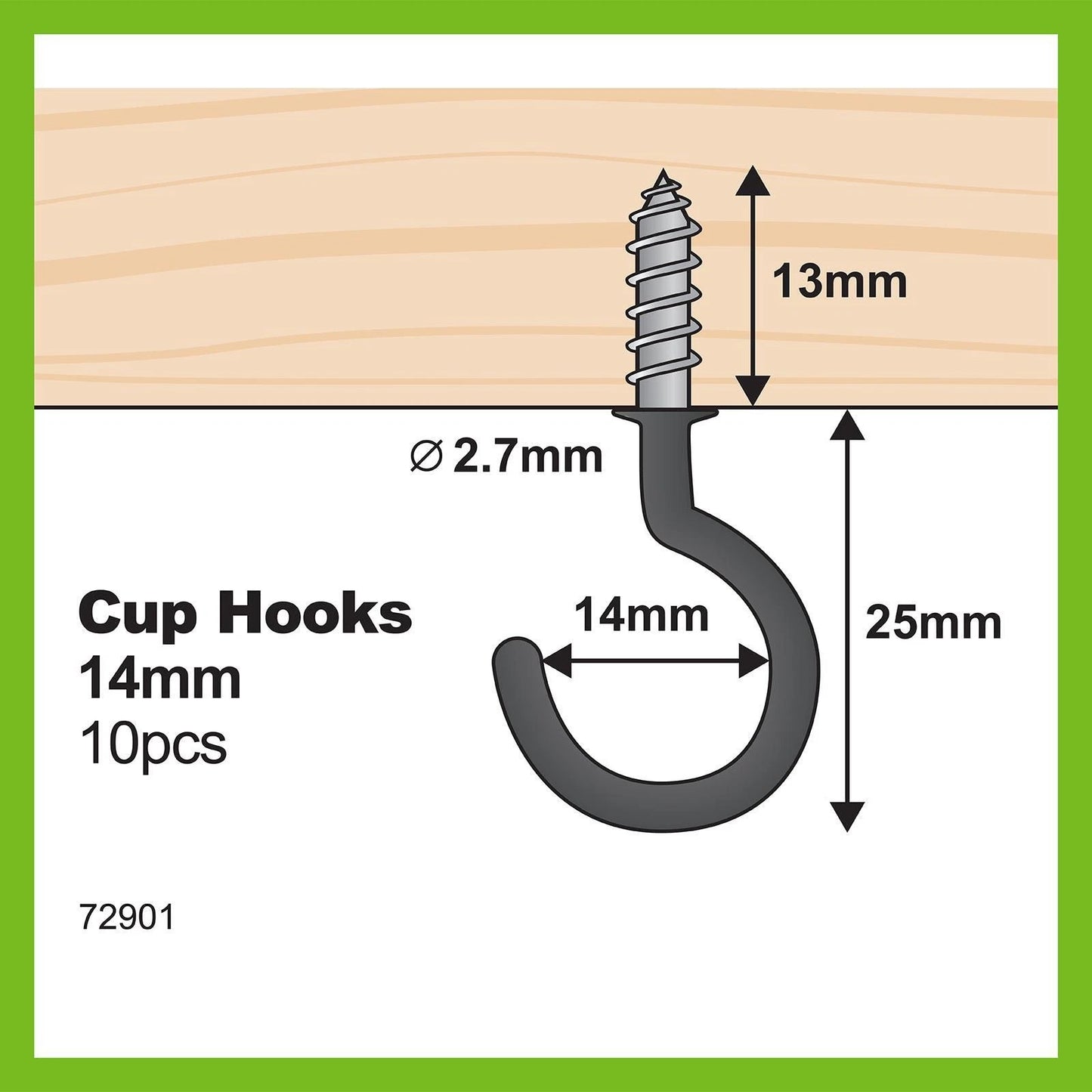 Everhang 14mm Black Cup Hook - Steel, Light Duty, 10 Pack, Sleek Black Finish