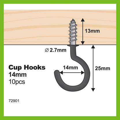 Everhang 14mm Black Cup Hook - Steel, Light Duty, 10 Pack, Sleek Black Finish