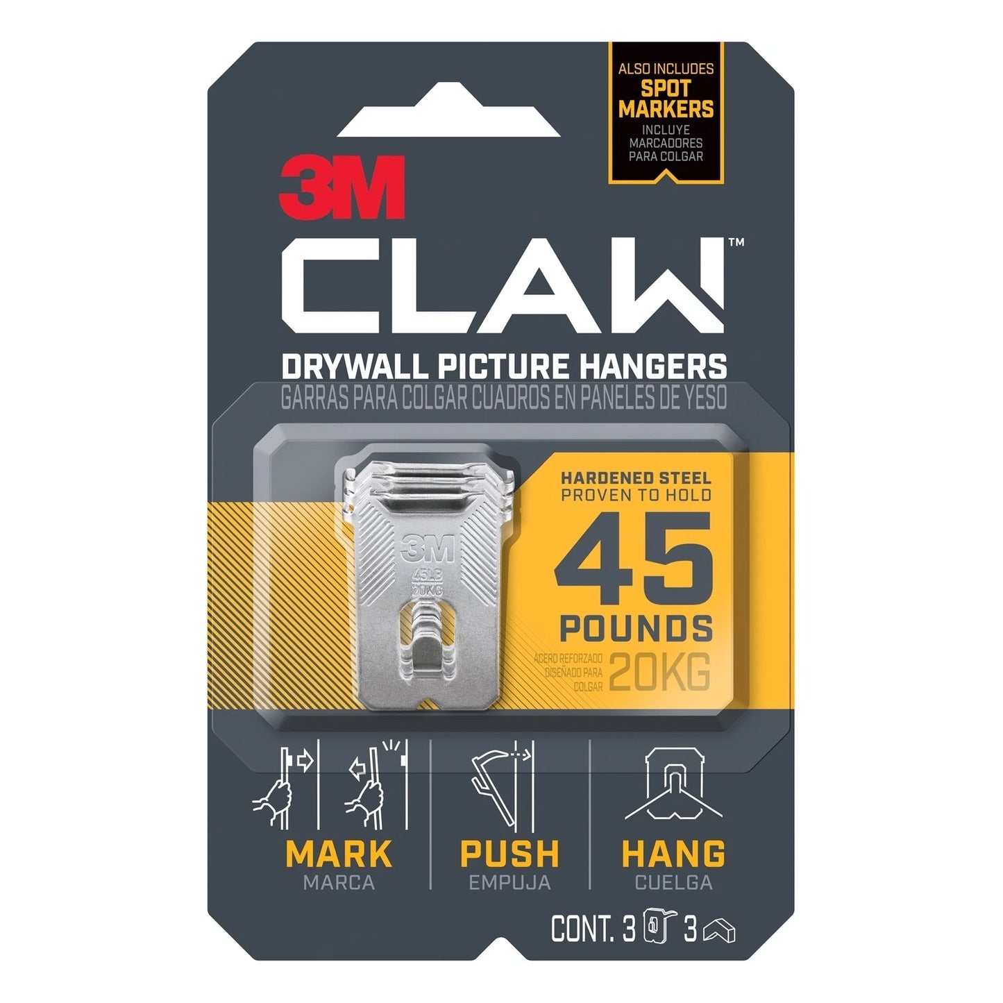3M Claw 20kg Heavyweight Hanging Solution - 3 Pack, No Tools Needed, Stainless Steel
