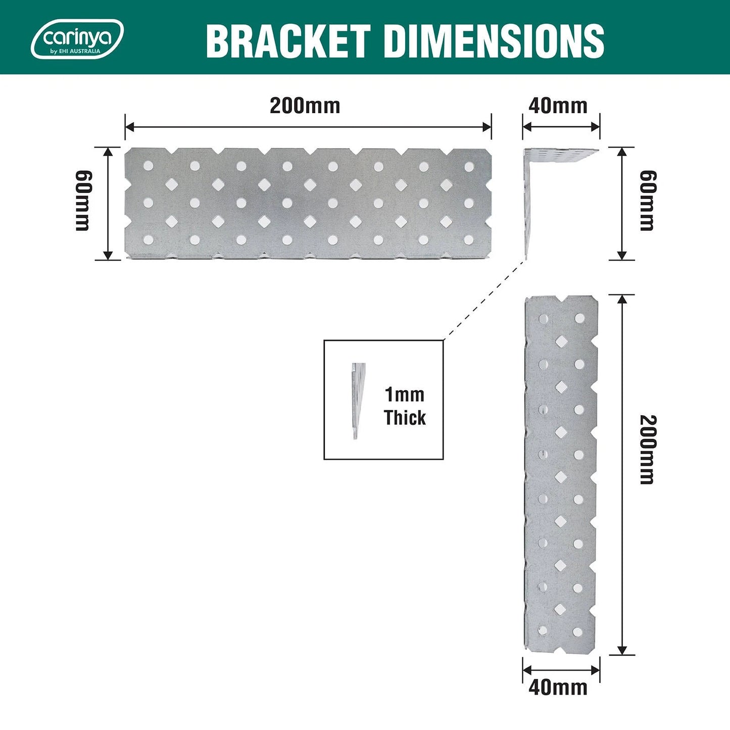 Carinya Galvanised Angle Bracket 60x40x200x1mm, Customisable, Easy Install