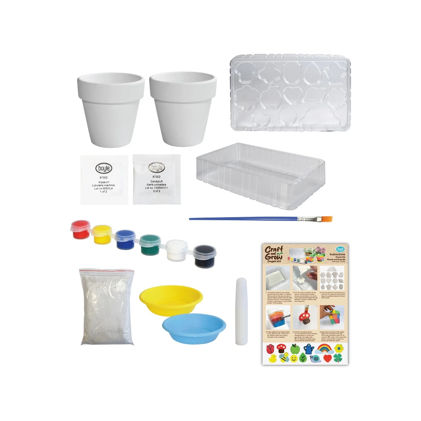 Boyle Craft And Grow Plaster & Paint Flower Pot Kit - 2 Pots, Seeds, Paints, Moulds