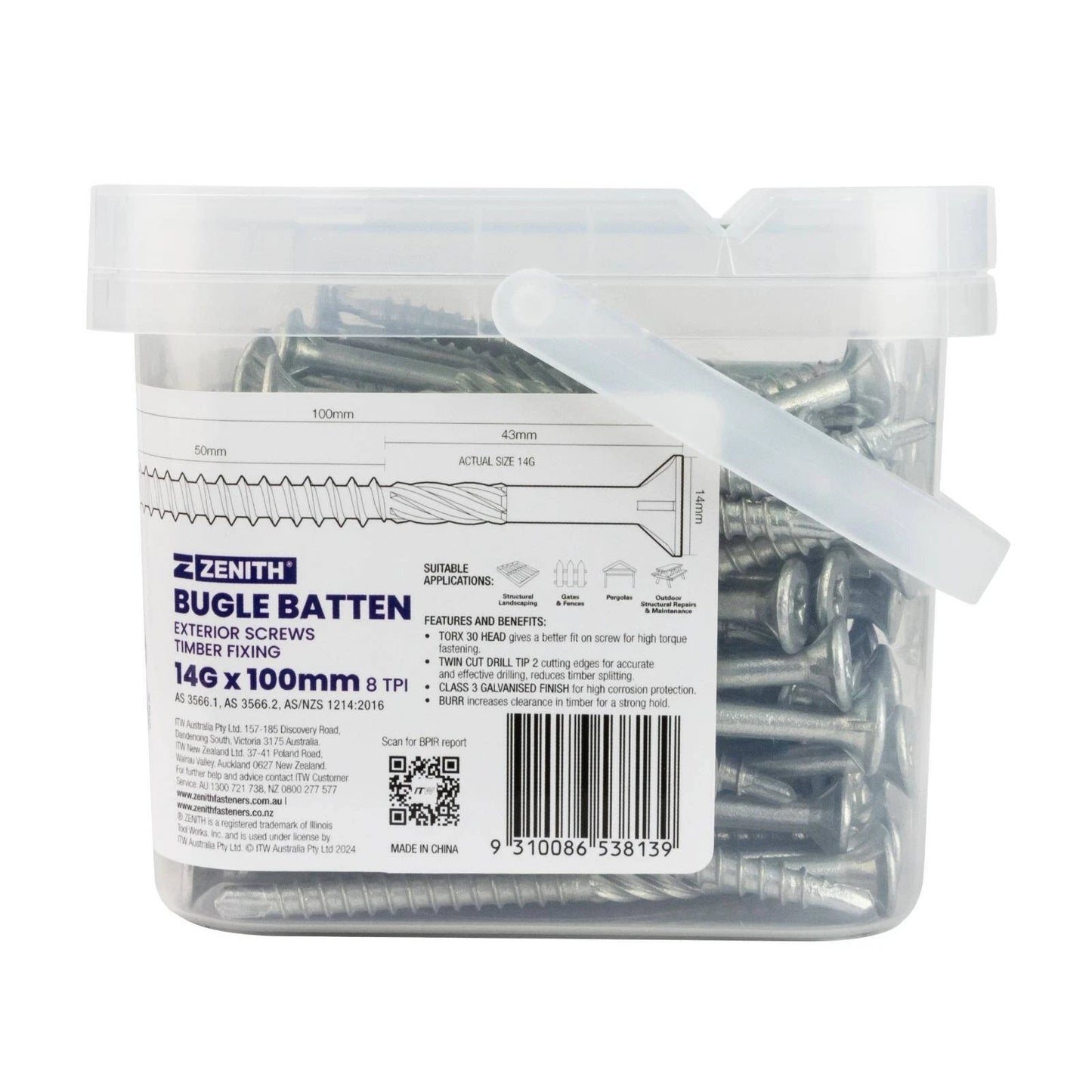 ZENITH 14G Galvanised Bugle Batten Screws 8x100mm TORX 30 Head - 100 Pcs