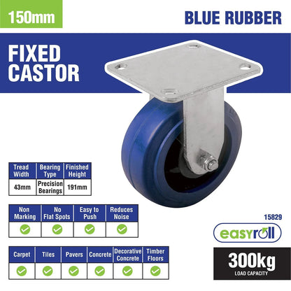 Easyroll 150mm 300kg Blue Elastic Rubber Fixed Plate Castor for Indoor Use