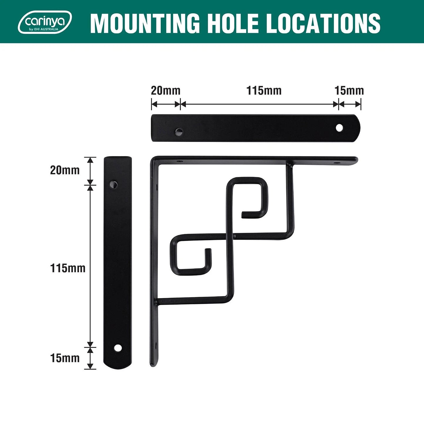 Carinya Black Square Scroll Stayed Bracket 150x150mm, Powder Coated Steel, 30kg Load Capacity