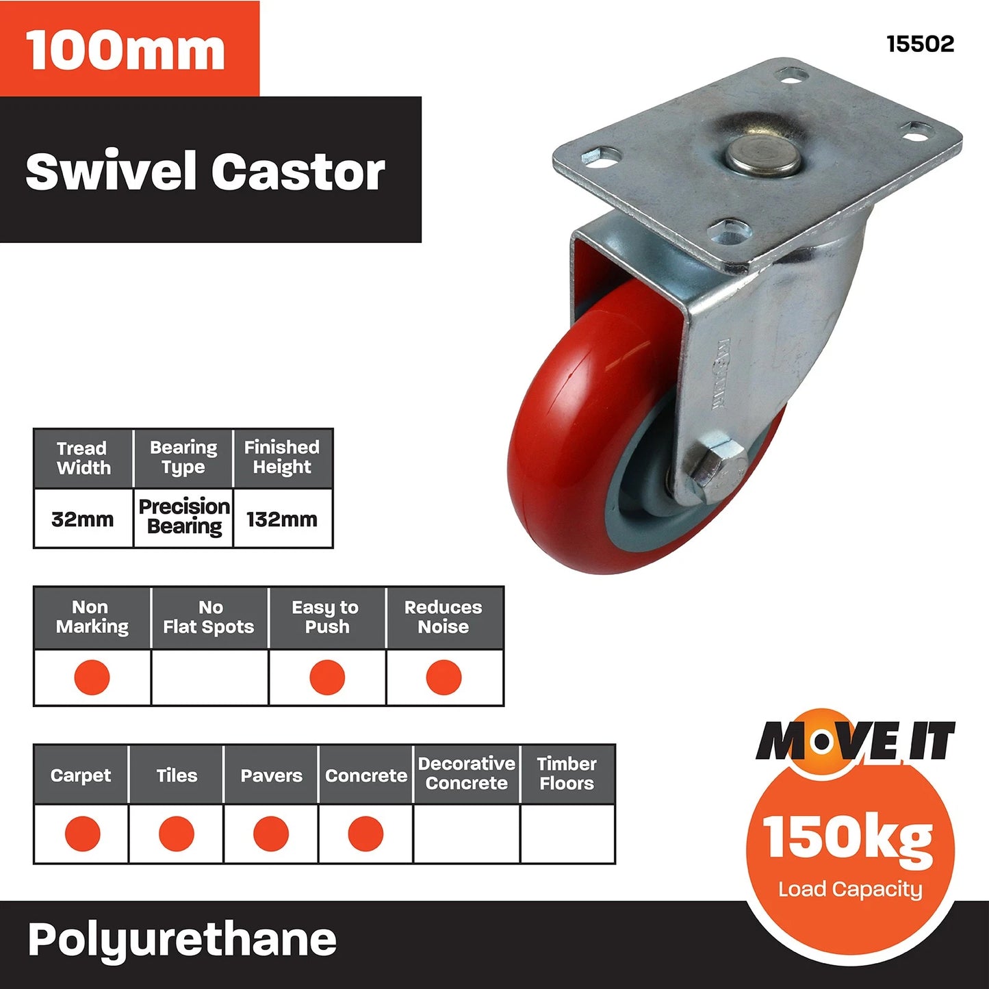 Move It 100mm Red Polyurethane Swivel Castor 150kg Load Capacity