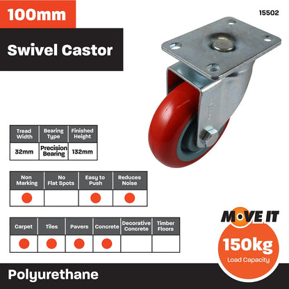 Move It 100mm Red Polyurethane Swivel Castor 150kg Load Capacity