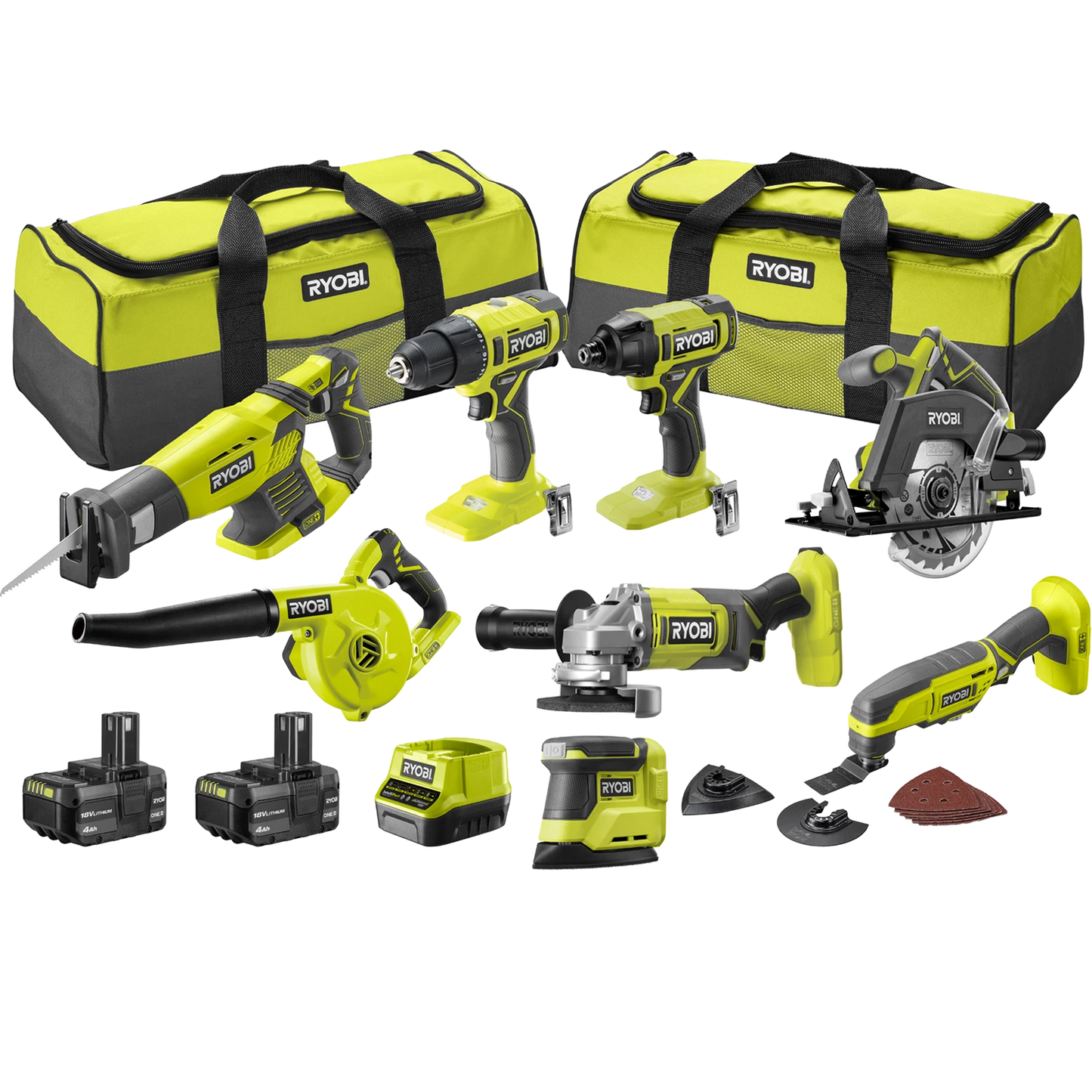 RYOBI 18V ONE+ 8-Piece Cordless Tool Kit with Drill, Impact Driver, Saw, Grinder, Blower