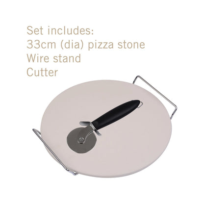 BBQ Pizza Stone Set - 33cm Ceramic Stone, Chrome Stand, Stainless Steel Wheel