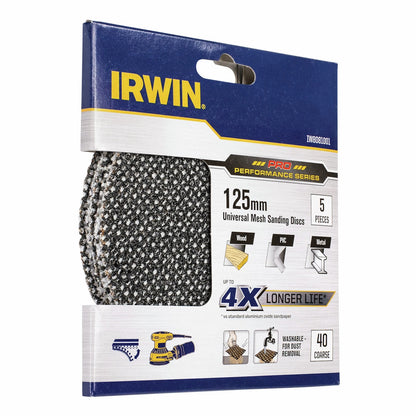 Irwin 125mm 40 Grit Orbital Sanding Discs, 5 Pack - Durable, Washable, Universal Fit