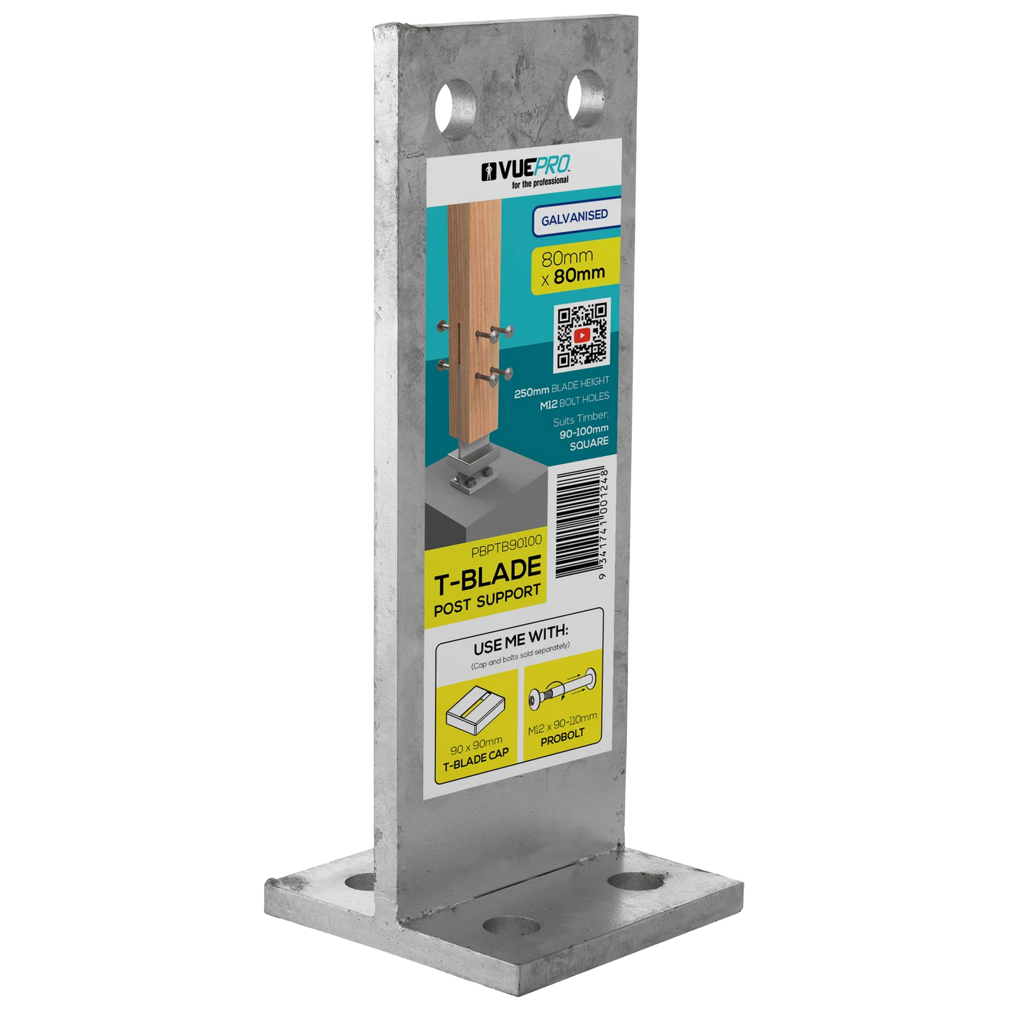VUEPRO 80x80mm Galvanised T-Blade Post Support for Timber Posts on Concrete