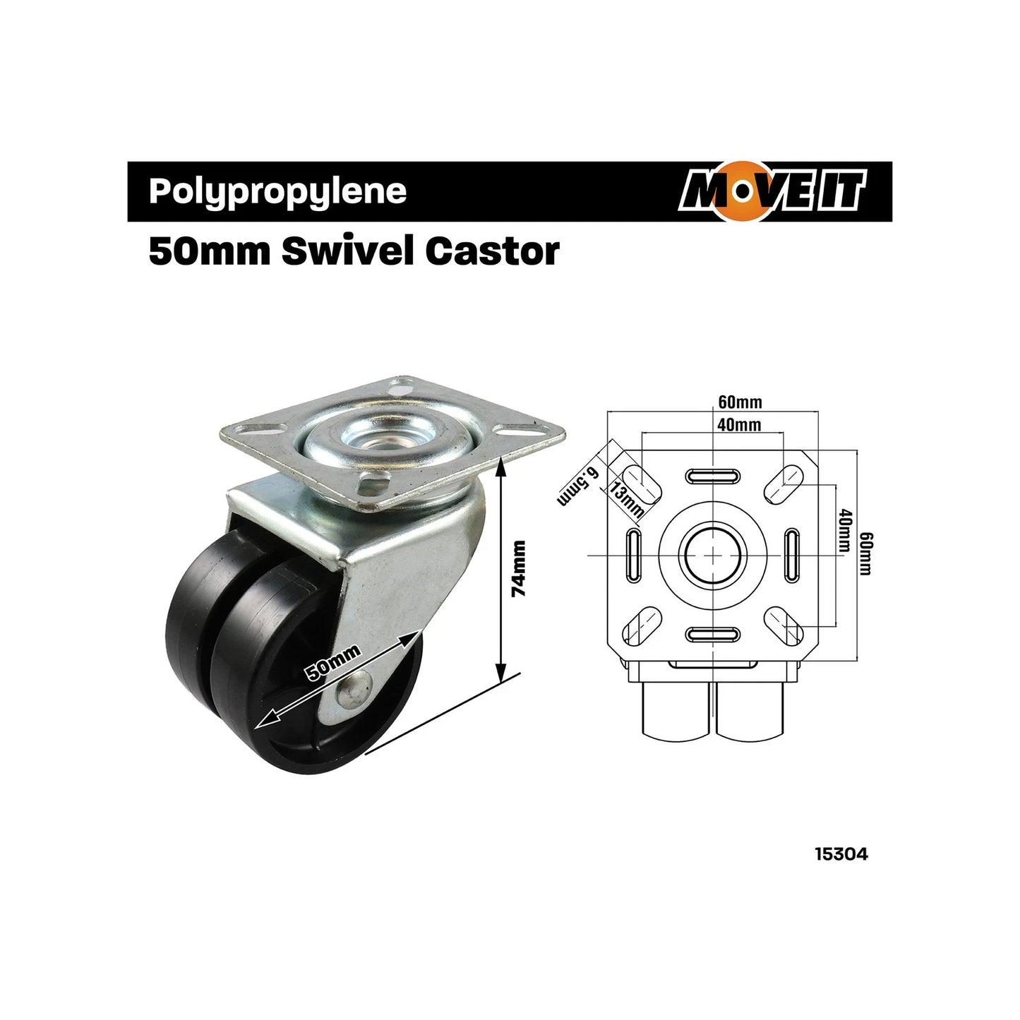 Move It 50mm 70kg Black Twin Wheel Swivel Plate Castor for Indoor/Outdoor Use