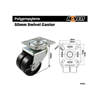 Move It 50mm 70kg Black Twin Wheel Swivel Plate Castor for Indoor/Outdoor Use