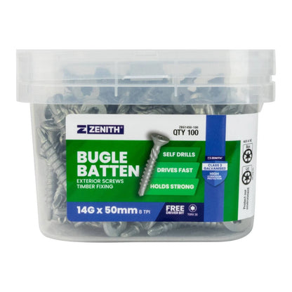 ZENITH 14G Galvanised Bugle Batten Screws 8x50mm TORX 30 Head - 100 Pack