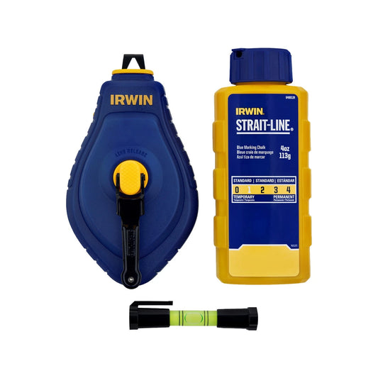 IRWIN Chalk Reel 30M with Fast Rewind, Anti-Jam Spool, Blue Chalk & Line Level