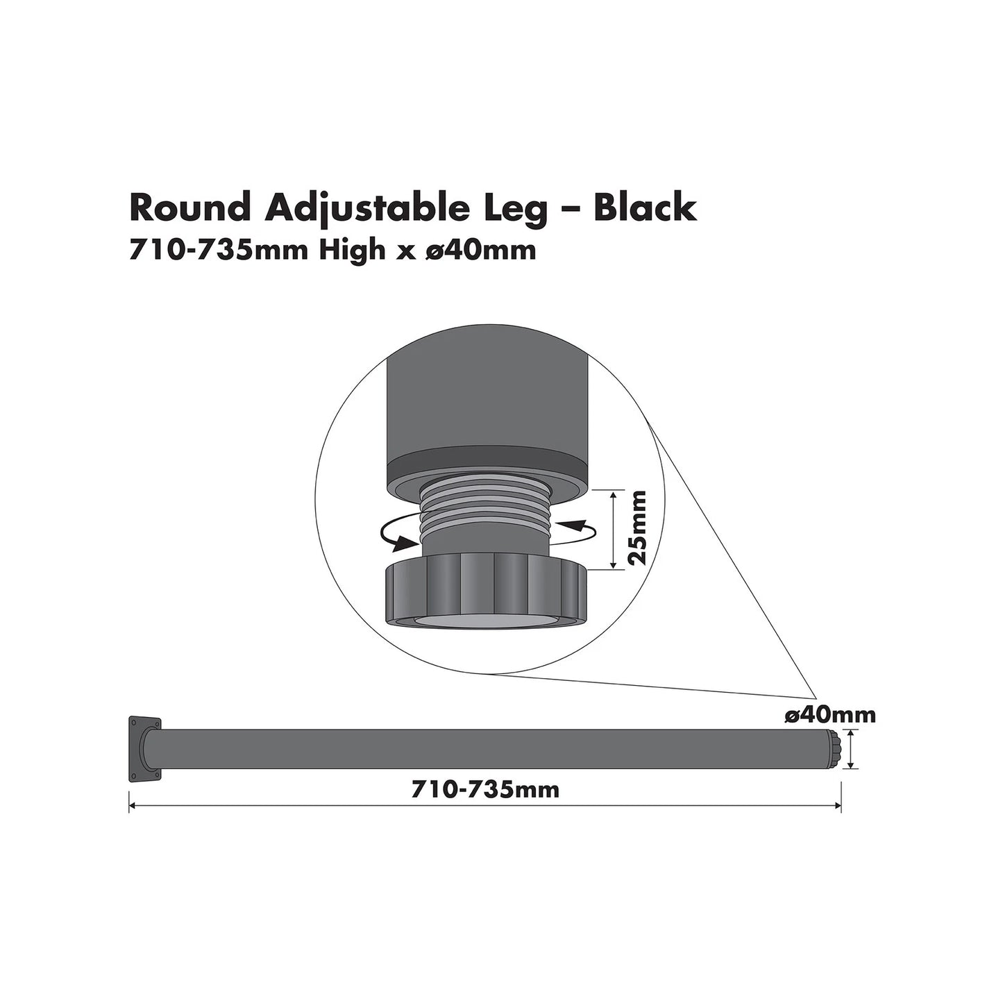 Adoored Black Metal Round Furniture Leg 40x710mm, Easy Install, Modern Design
