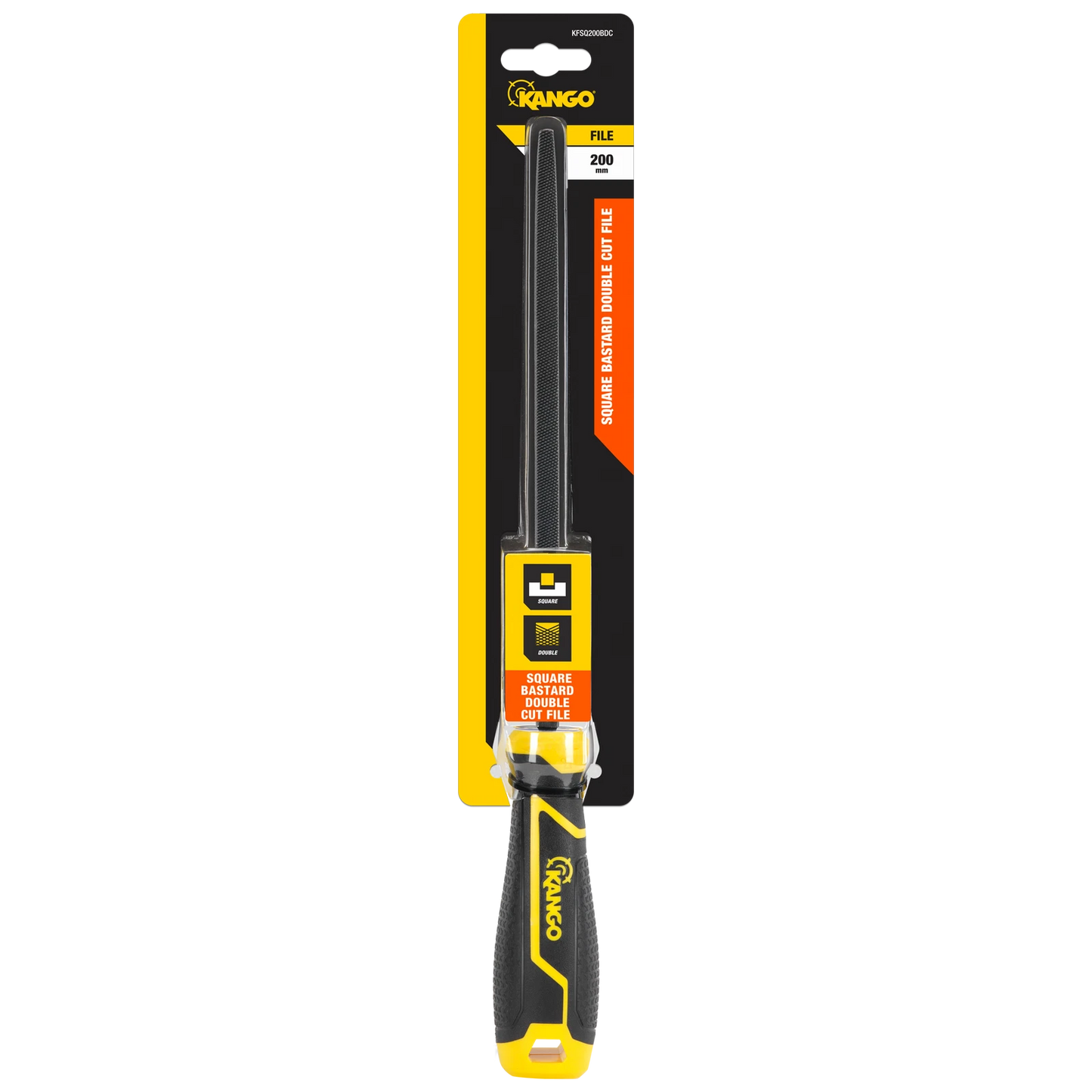 Kango 200mm Square Bastard Double Cut File, Tempered Carbon Steel, Ergonomic Handle
