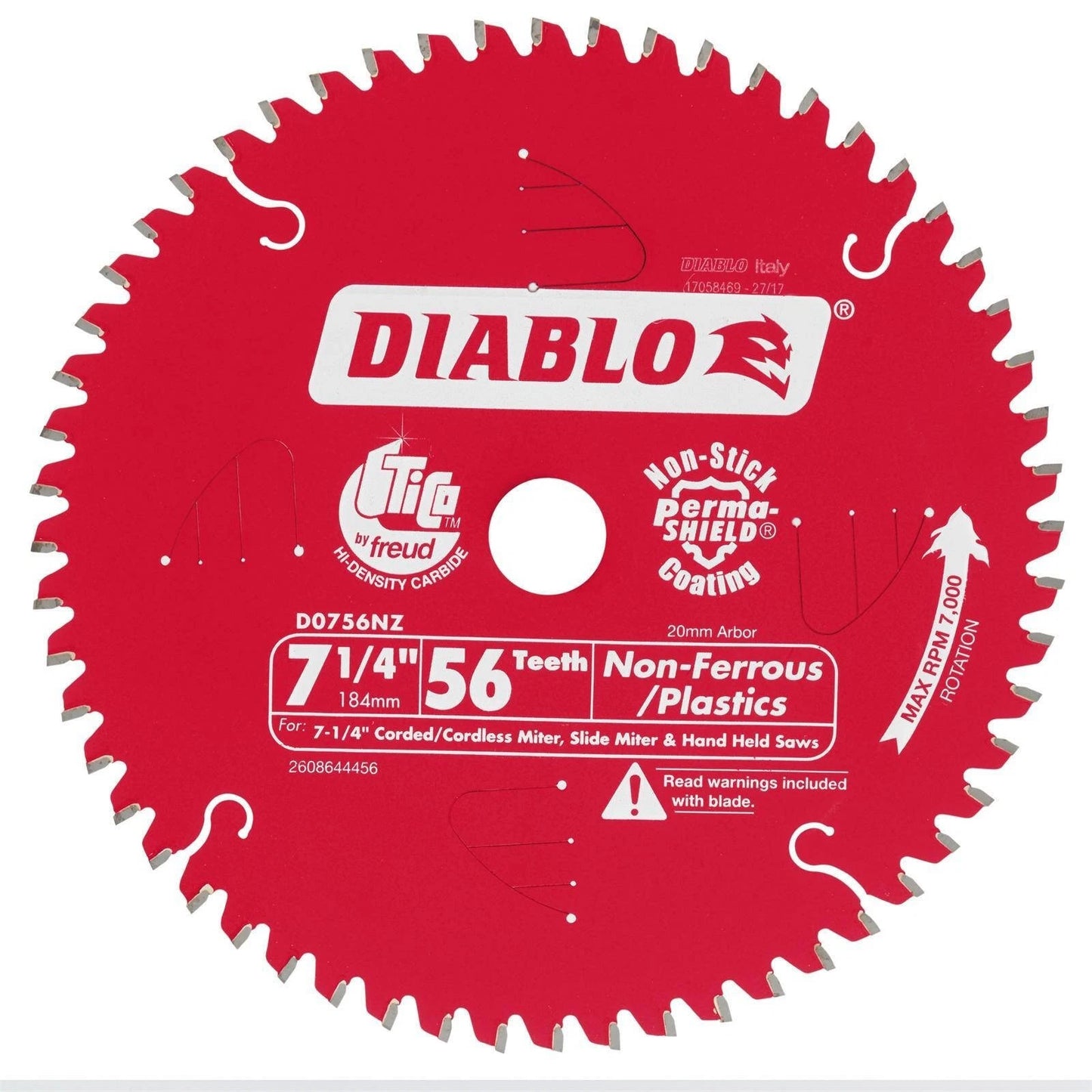 Diablo 184mm 56 Teeth Non-Ferrous Plastic Saw Blade, TiCo Carbide, Perma-Shield Coating