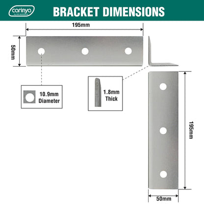 Carinya Galvanised Reinforcing Angle Bracket 50x50x195mm Durable Steel Indoor/Outdoor
