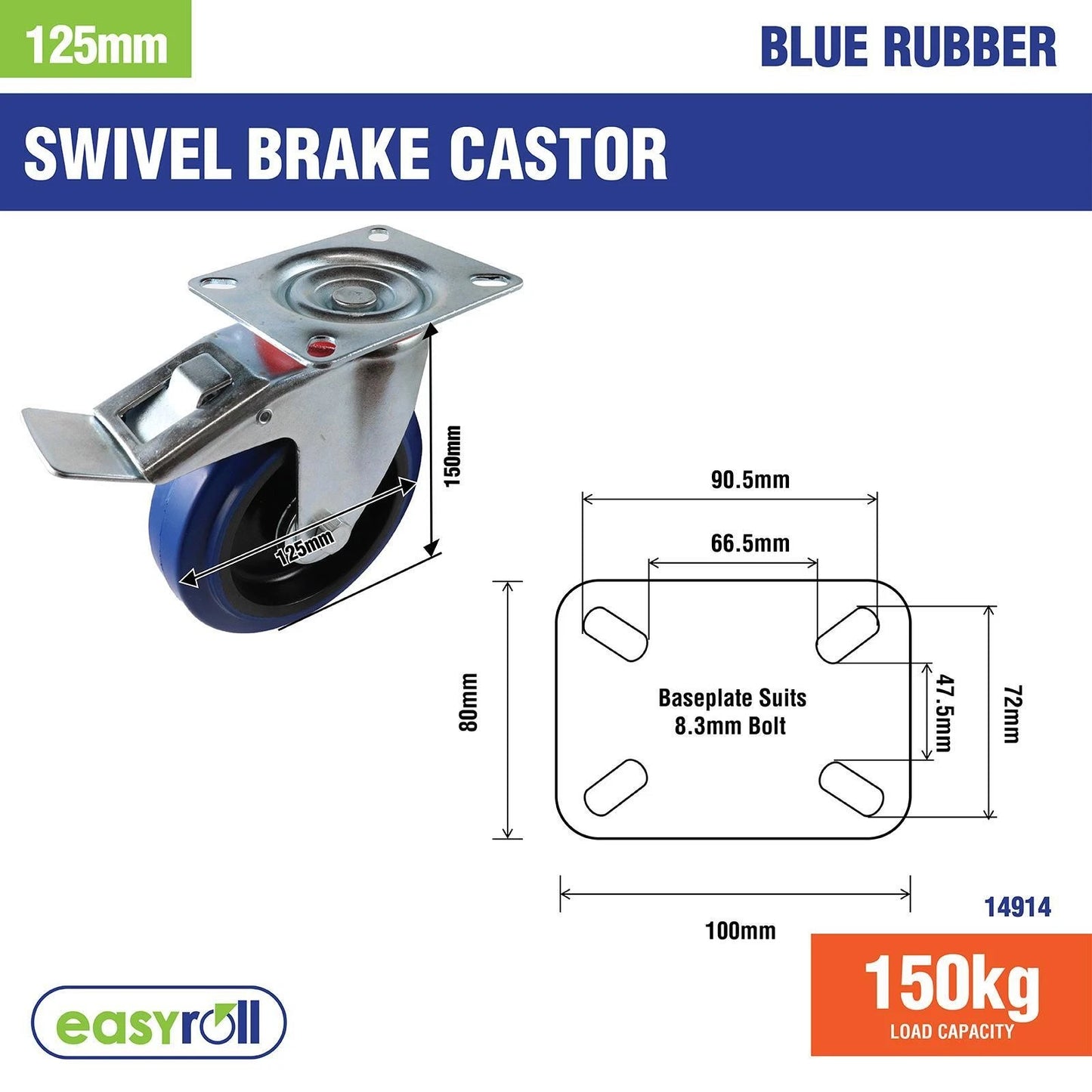 Easyroll 125mm Blue Rubber Swivel Brake Castor 150kg Load Capacity